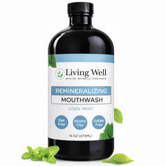 Living Well mouthwash bottle featuring Dr Michelle Remineralizing Cool Mint