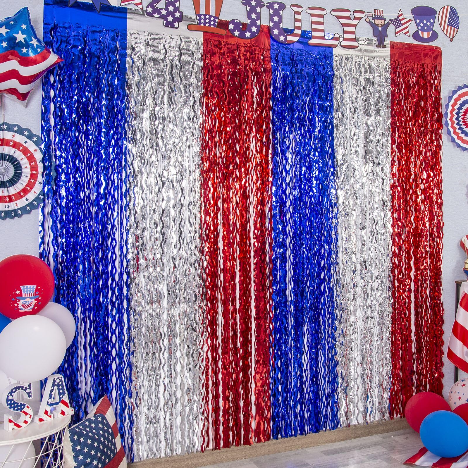 LOLStar 4th of July foil fringe curtain 3-pack setup