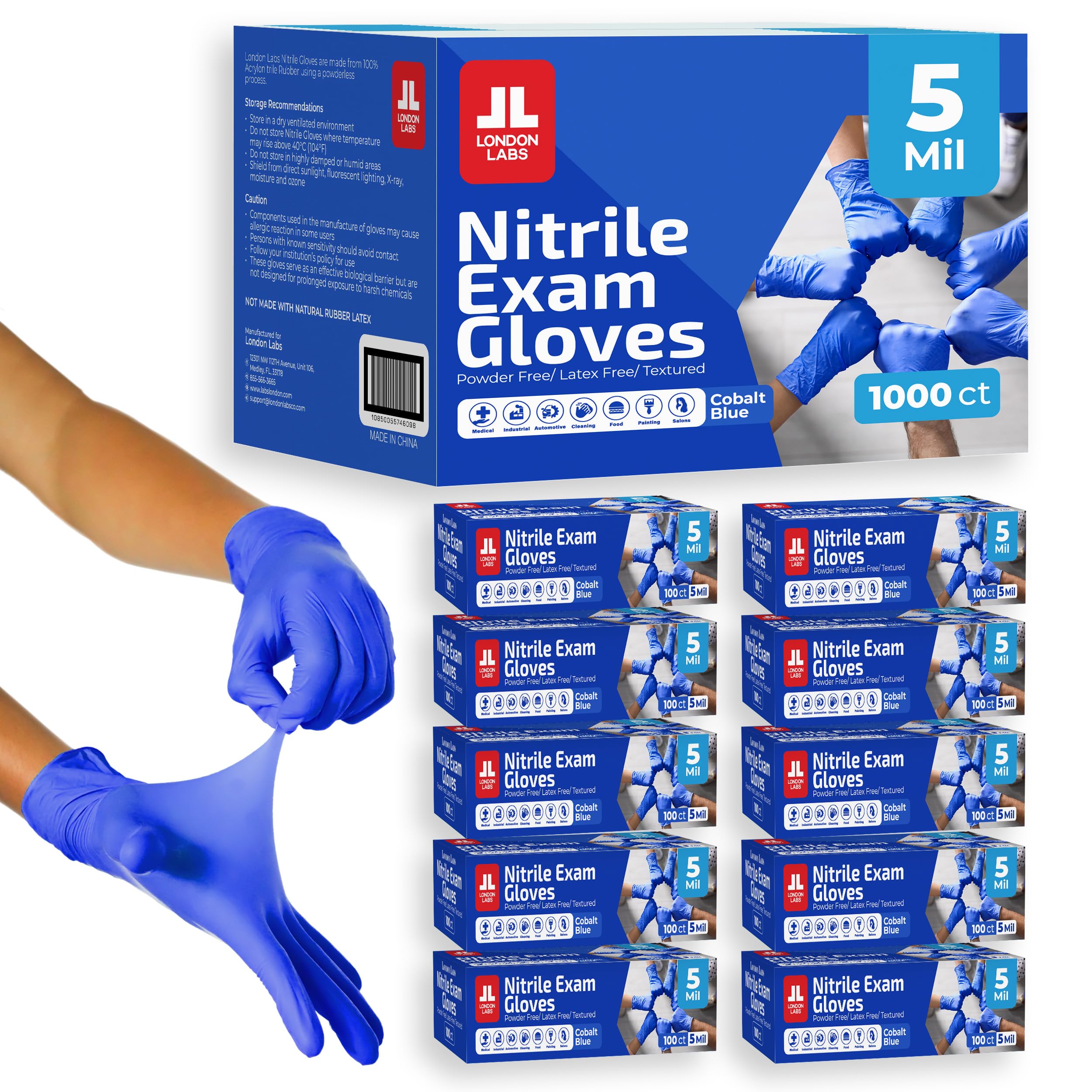 London Labs cobalt blue nitrile exam gloves 5 mil bulk case 1000 ct