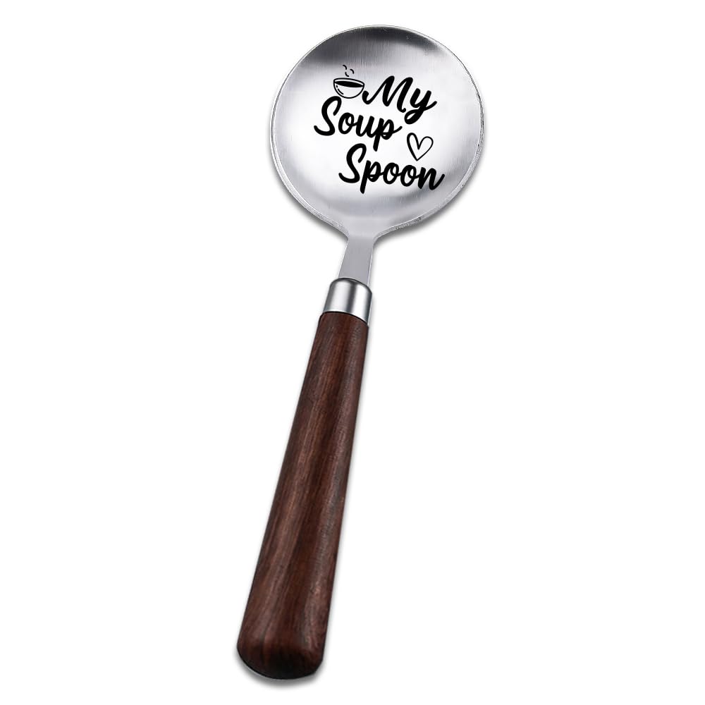 Long handled stainless steel soup spoon with wooden handle