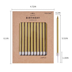 Long thin gold birthday candles on cake