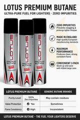 Lotus 99.99% Pure 90 ml Butane Lighter Fuel Refill label close up