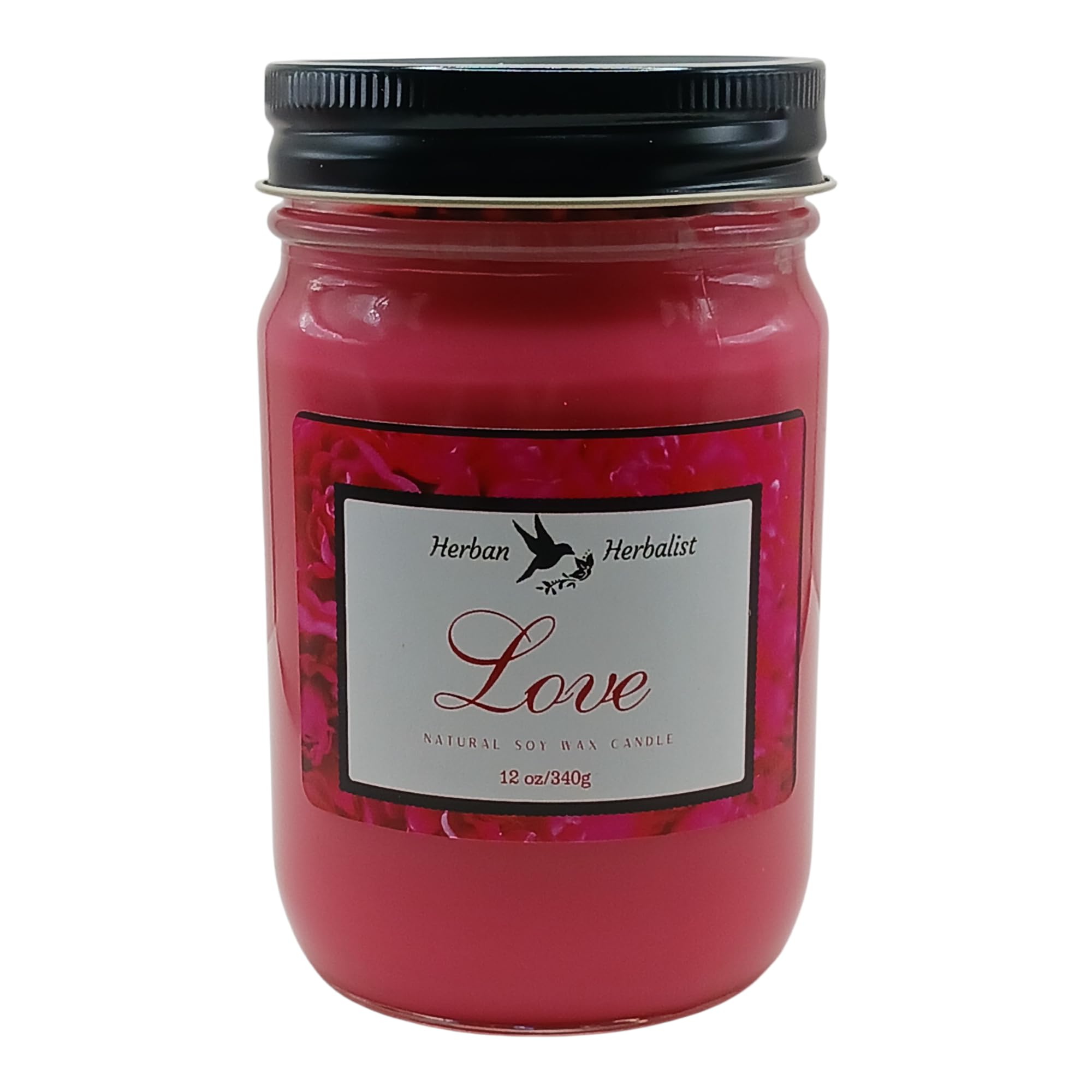 Love 12 oz Soy Wax Candle Rose Fragrance in glass jar by Herban Herbalist