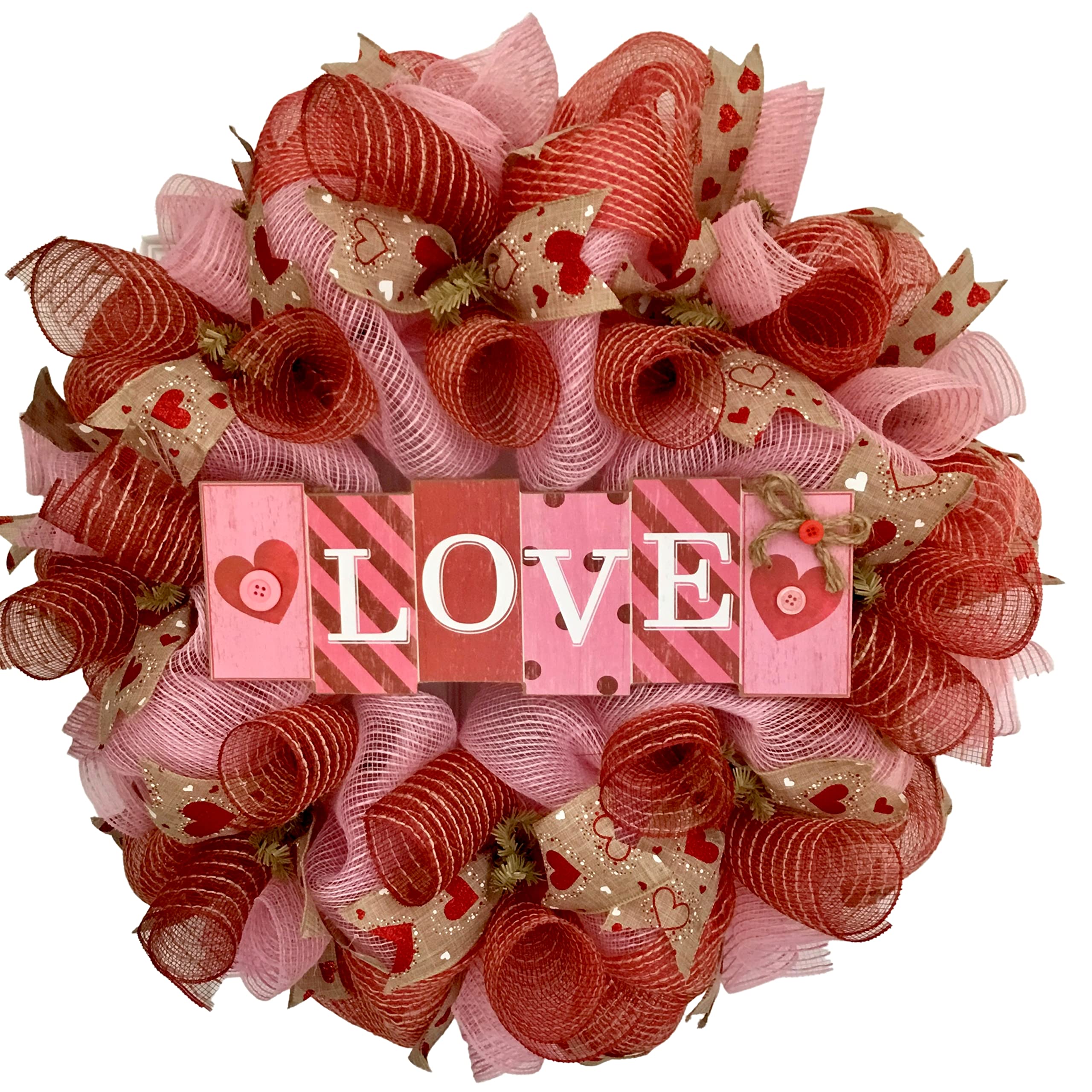Love Block Letters wreath with pink and red deco mesh and wood LOVE sign