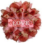 Love Block Letters wreath with pink and red deco mesh and wood LOVE sign