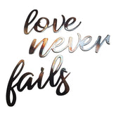 Love word panel from Love Never Fails wall art accents showing 7x5 inch size
