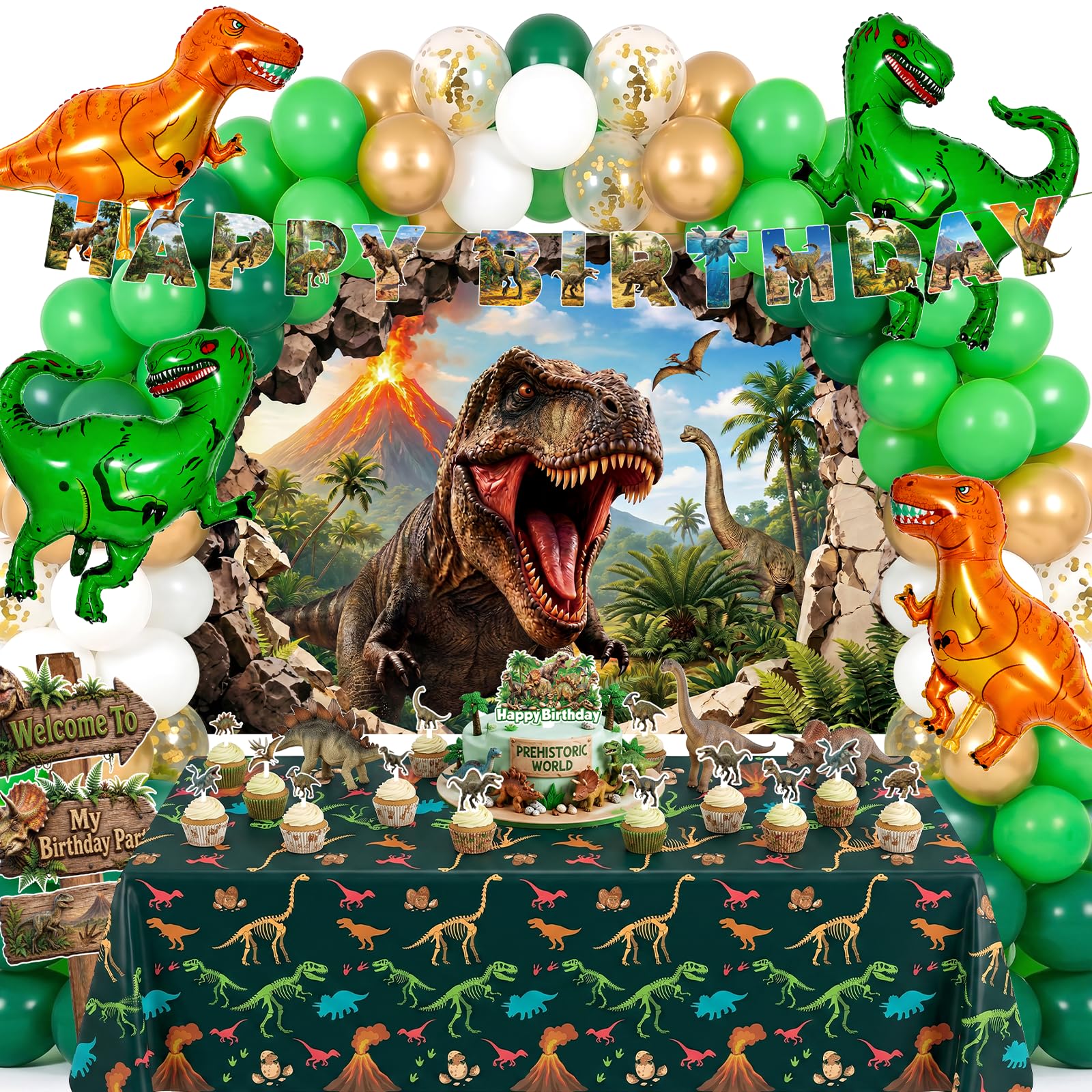 LovesTown dinosaur birthday decorations kit for kids 132PCS packaging