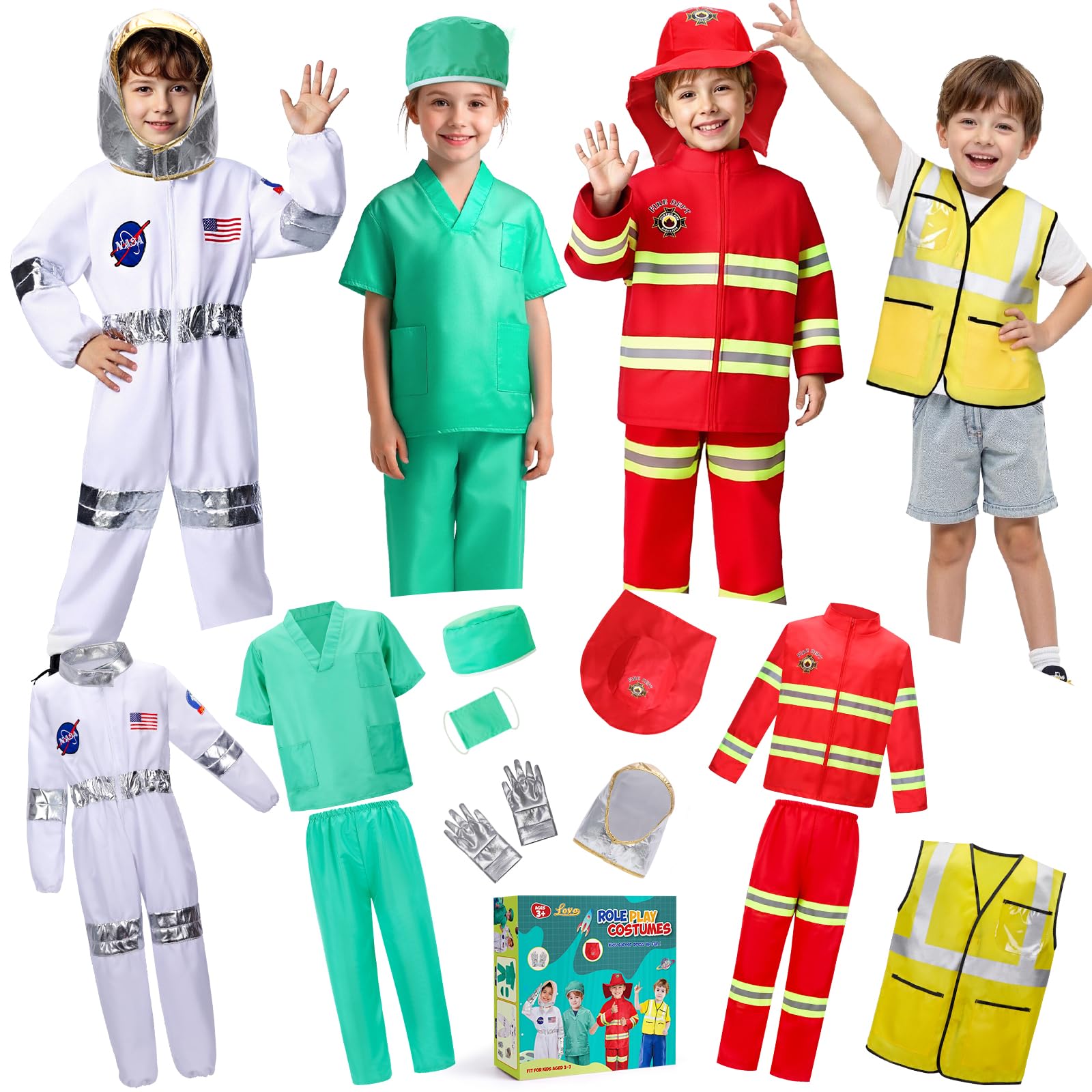LOYO kids dress up clothes product image showing 4 in 1 role play set for ages 3-8