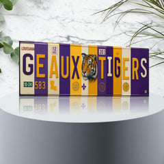 Purple and gold license plate sign for dorm or garage decor
