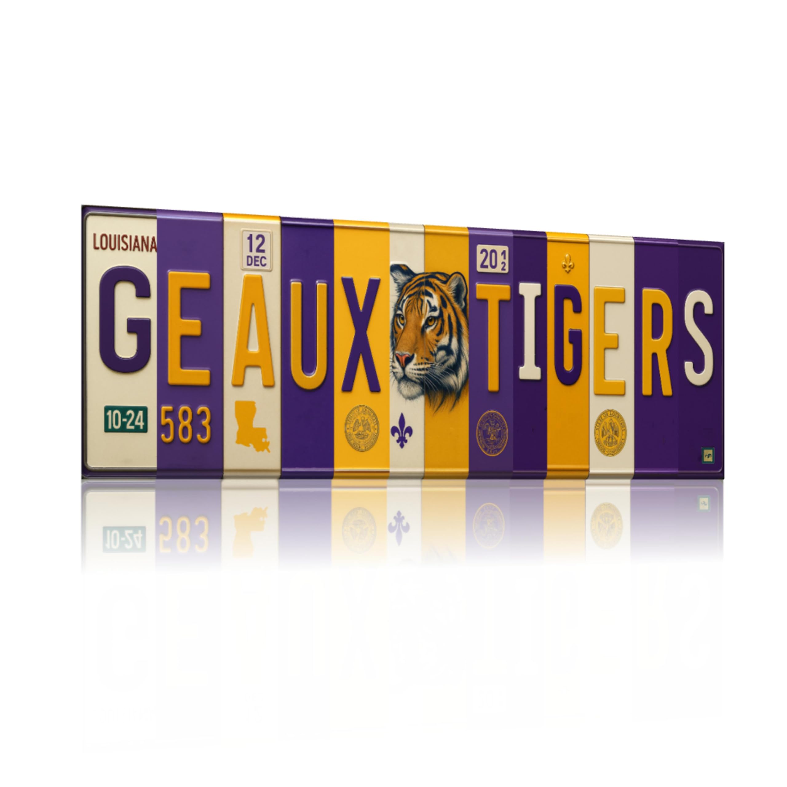 LSU Tigers Geaux Tigers license plate sign 16x6 aluminum with purple gold tiger head design