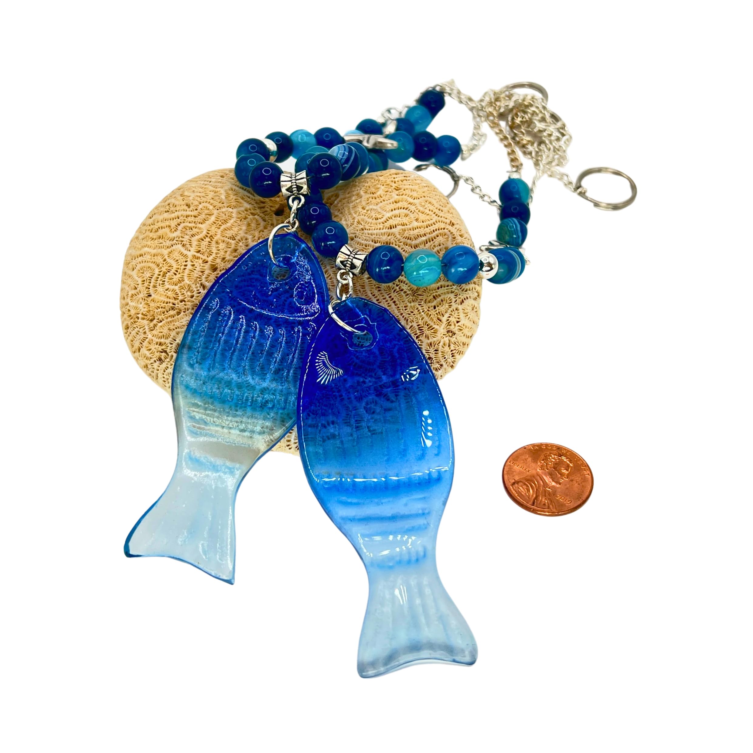 LUE glass fish curtain tie back with blue ombre pendants