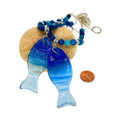 LUE glass fish curtain tie back with blue ombre pendants