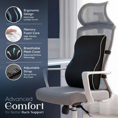 Adjustable straps secure lumbar pillow to chair