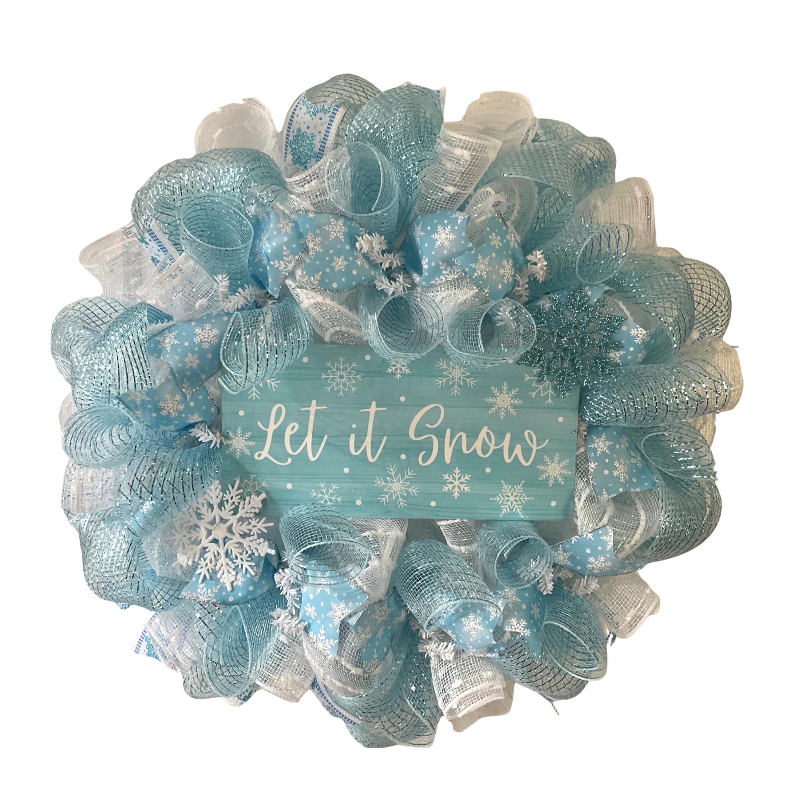 Luxury Handmade Winter Snow Deco Mesh Wreath with Let It Snow sign