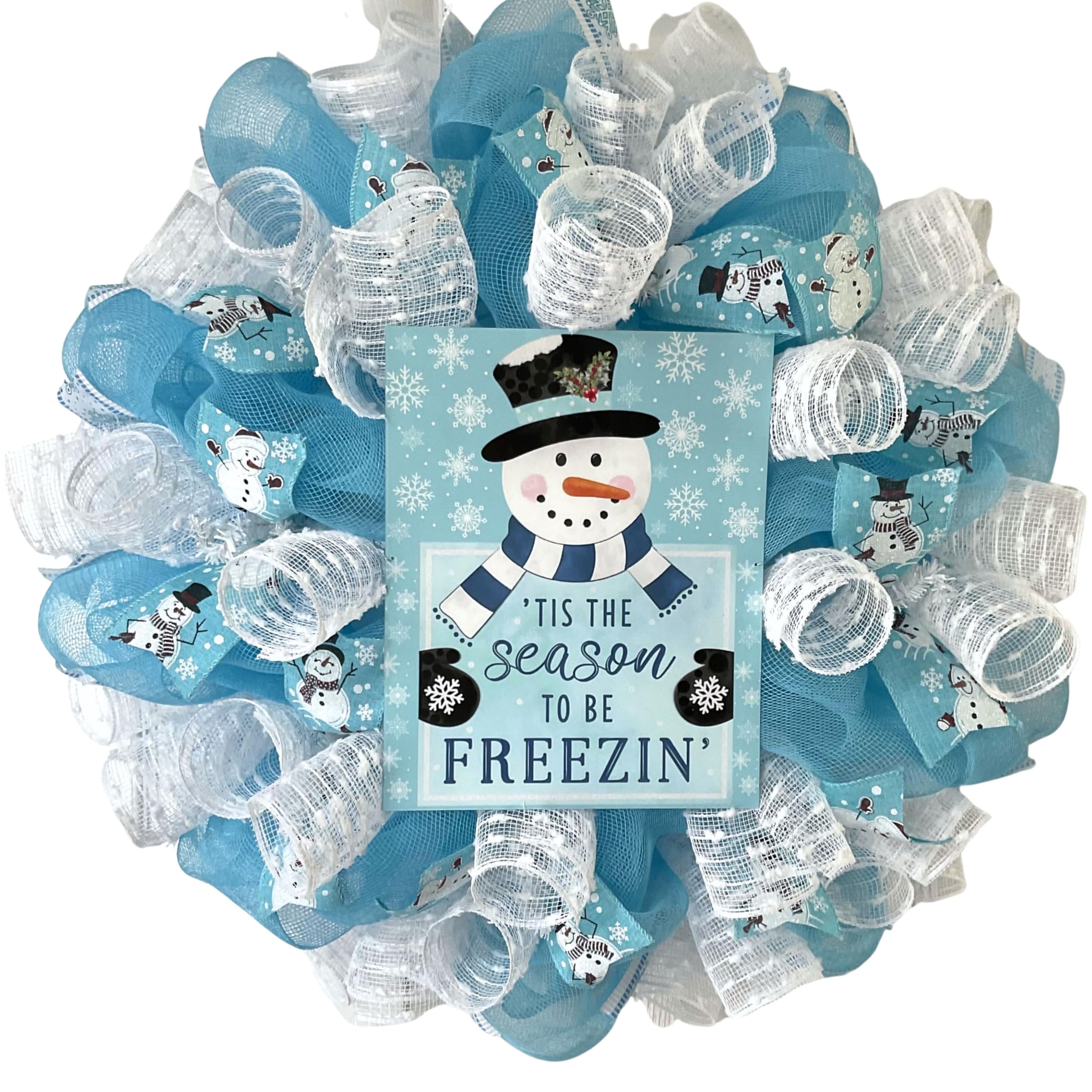 Luxury Handmade Winter Snowman Wreath front view with wood sign center