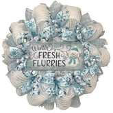 Fresh Flurries 24 inch luxury handmade winter snowman wreath with pale blue ribbons