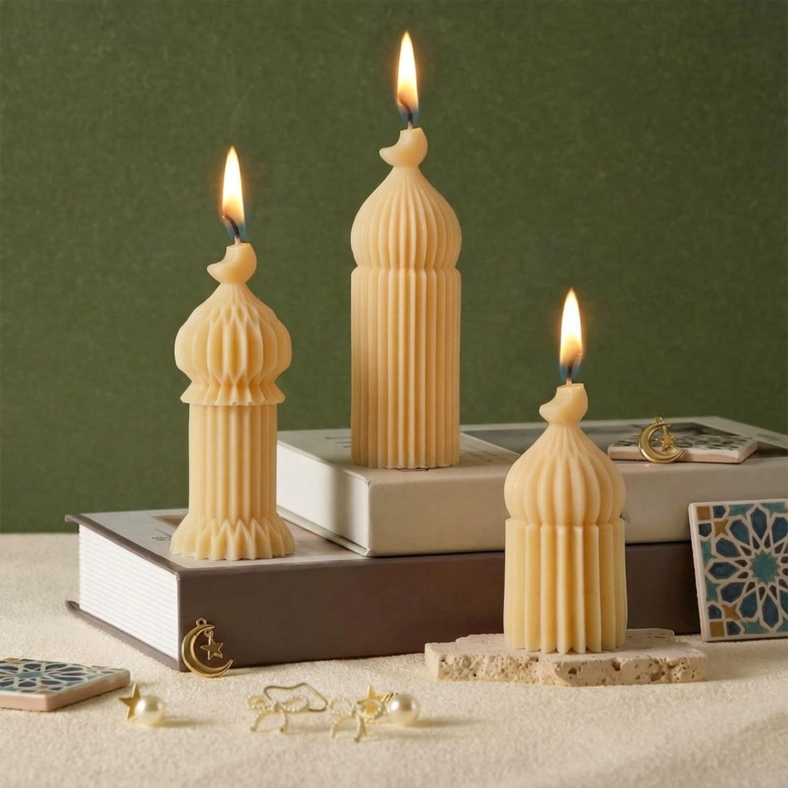 Lyrow Ramadan Mubarak candles green mosque shaped set