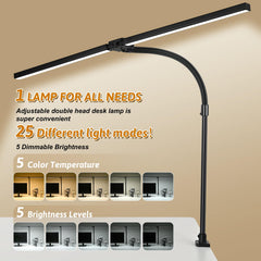 Dual head LED desk lamp extended to 31.5 inches