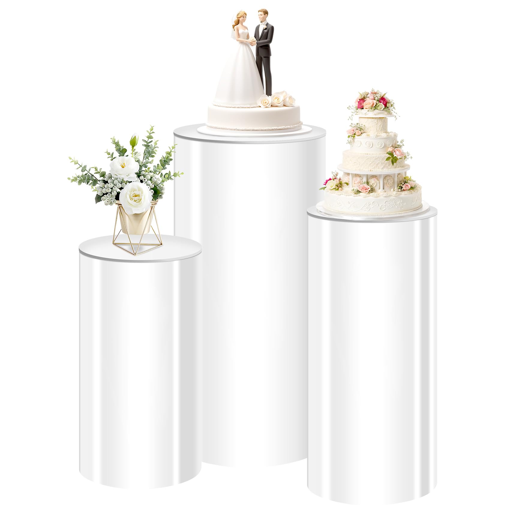 MACIFECI White Cylinder Stands for Party three-piece pedestal set 35.4 29.5 23.6 inches