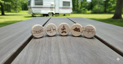 Made by Massing camping themed wooden wine cork stopper set