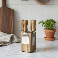 Magnetic acacia wood block storing four knives