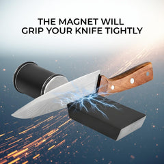 Magnetic base knife sharpener stabilizing blades during sharpening