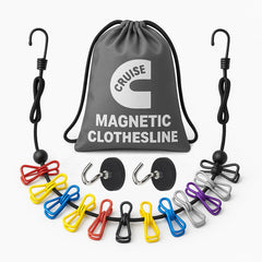 Magnetic clothesline for cruise ship cabin with rubber coated magnets