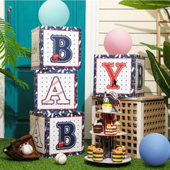 Baseball themed baby blocks for shower backdrop