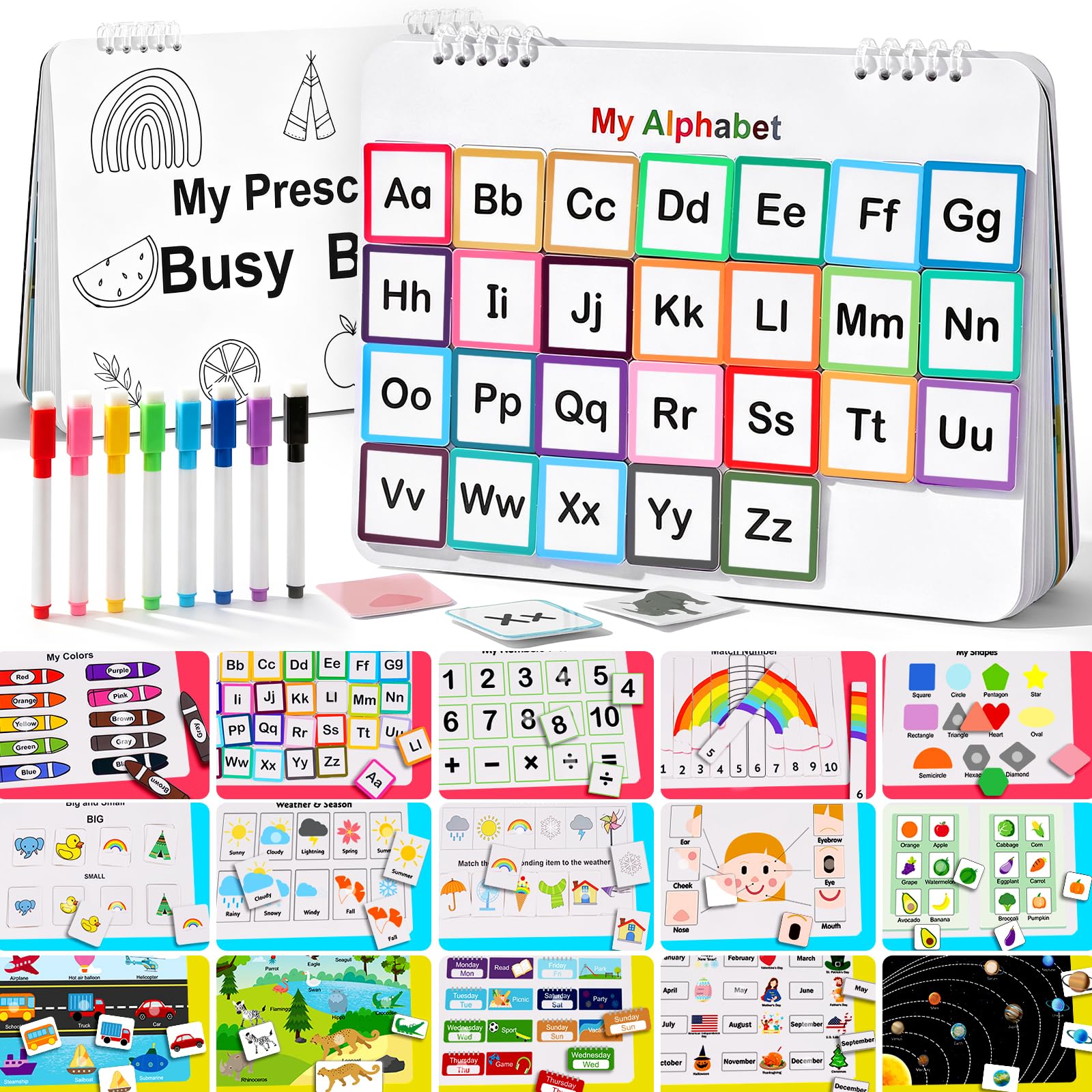 Mallify Busy Book for Toddlers 3-5 with 8 markers and binder