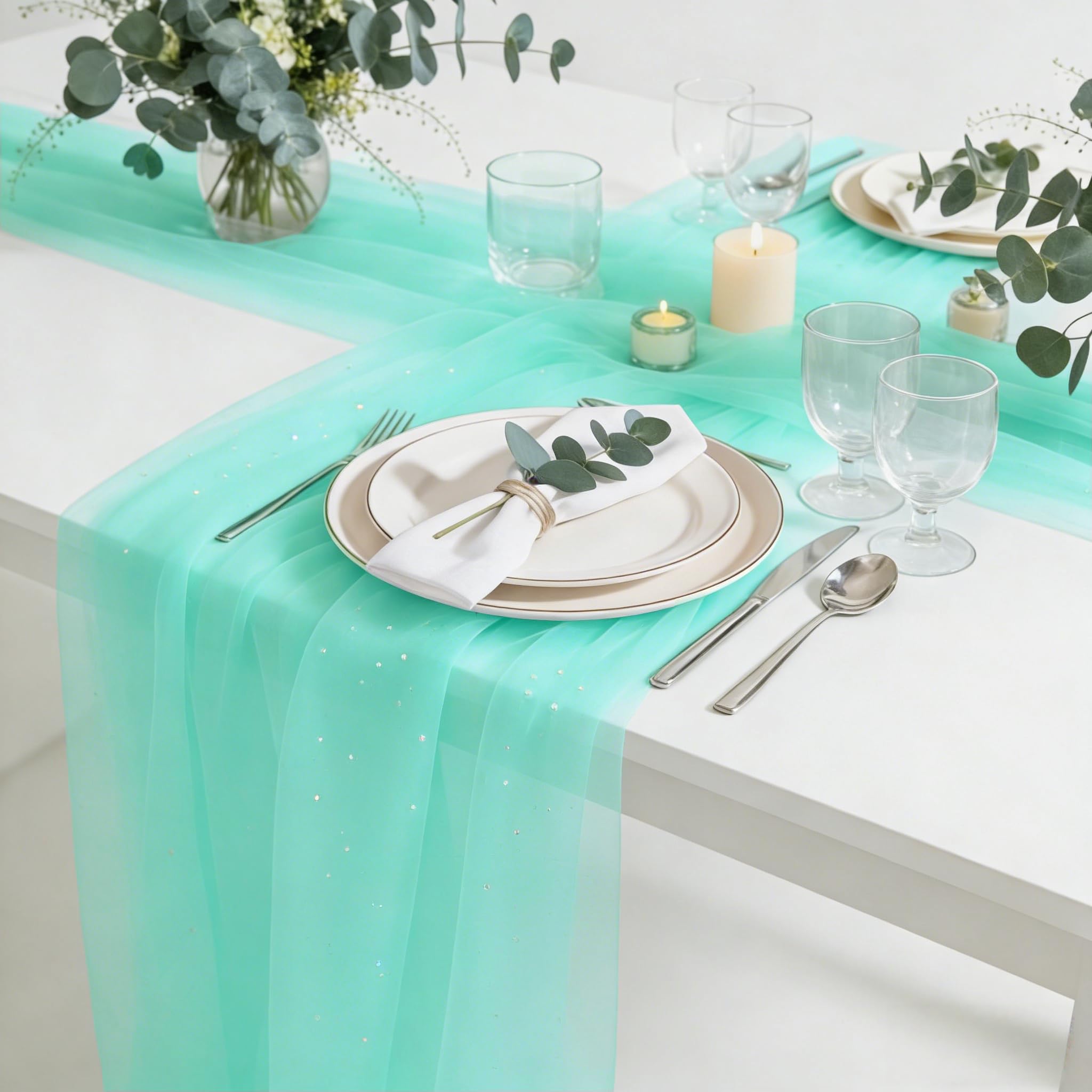 MANGATA CASA glitter tulle table runner Tiffany Blue