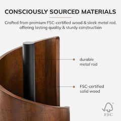 Mango wood paper towel holder close up showing iron base