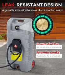 Gas caddy featuring manual transfer pump and reinforced hose