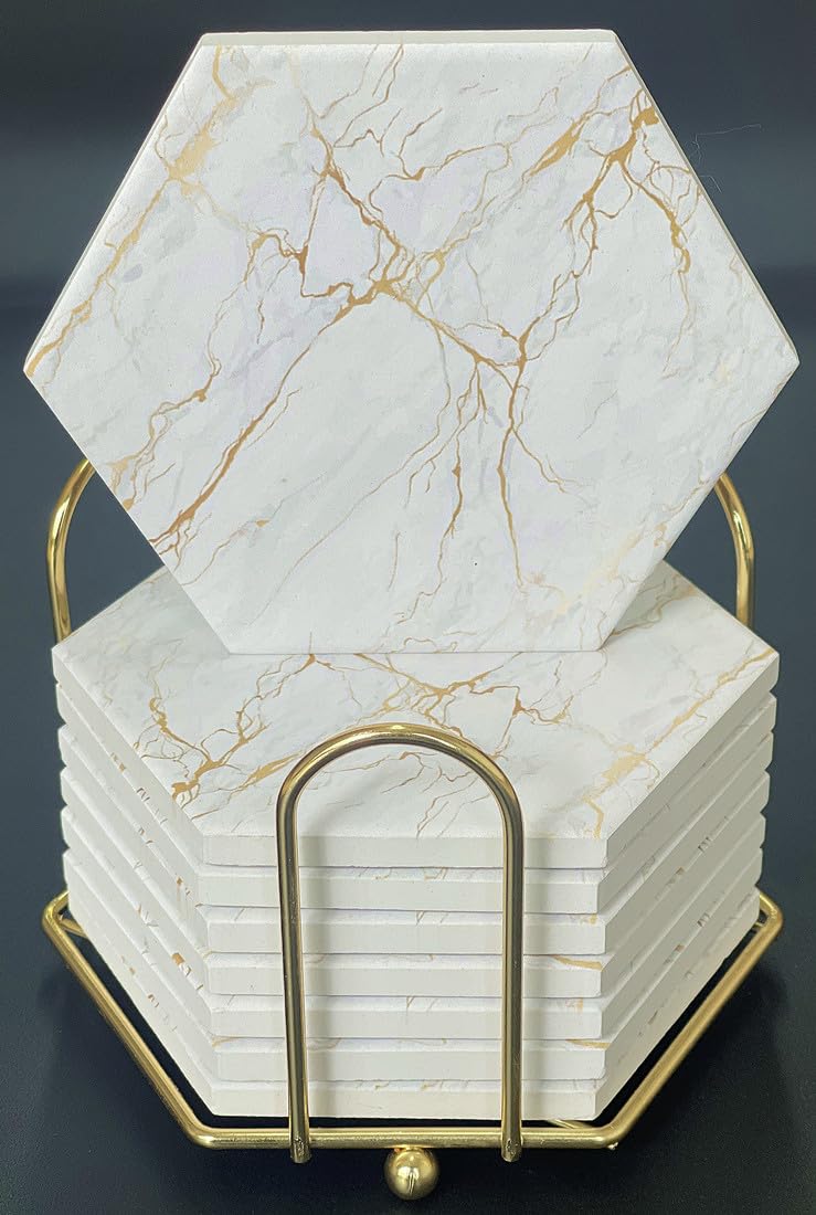 Marble Coasters with Gold Veining hexagonal ceramic coasters with cork backing