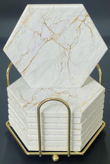 Marble Coasters with Gold Veining hexagonal ceramic coasters with cork backing