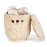 Marble Garlic Keeper 4.3 inch travertine holder on countertop