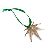 Gold metal marijuana leaf ornament with satin green ribbon 2 inch leaf