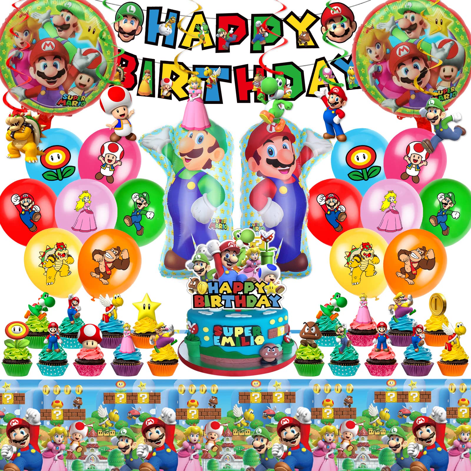 Mario Birthday Party Supplies kit includes banner tablecloth toppers