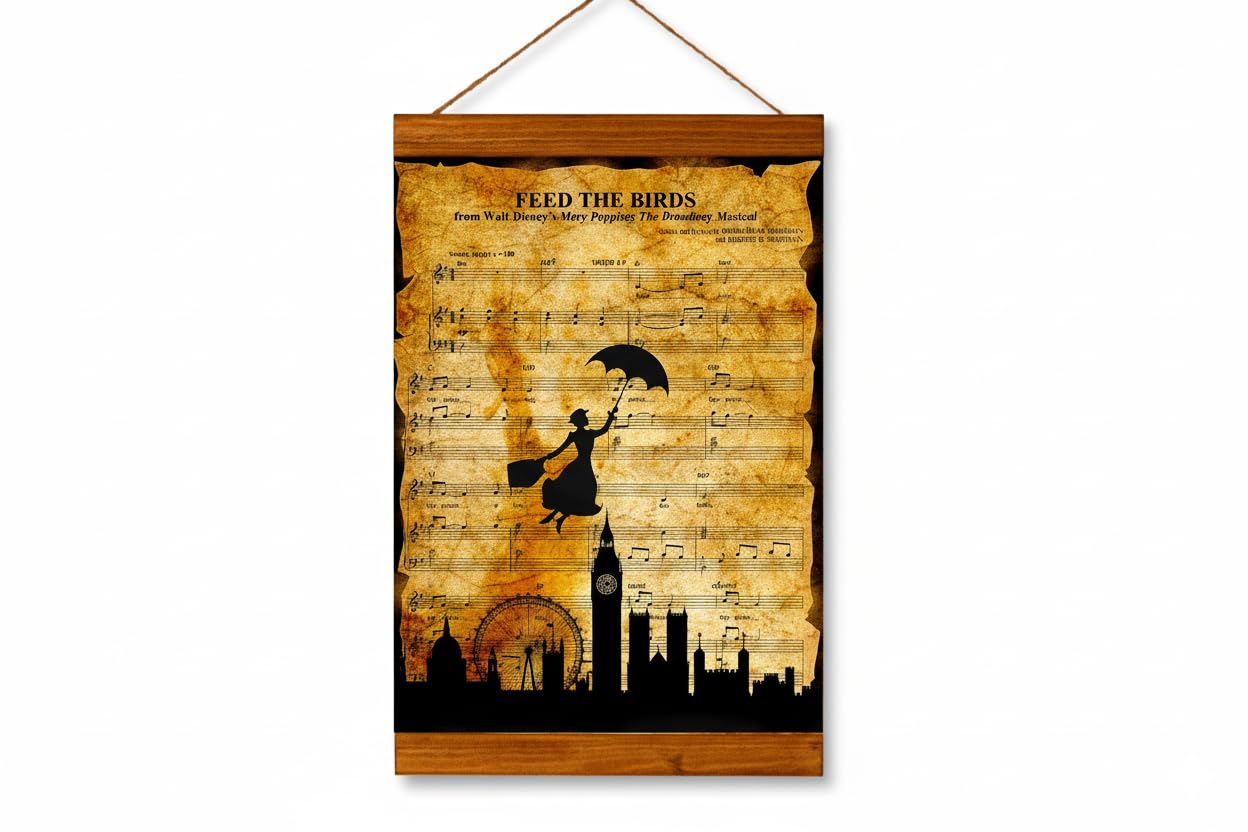 Mary Poppins Over The City canvas print silhouette with sheet music motif