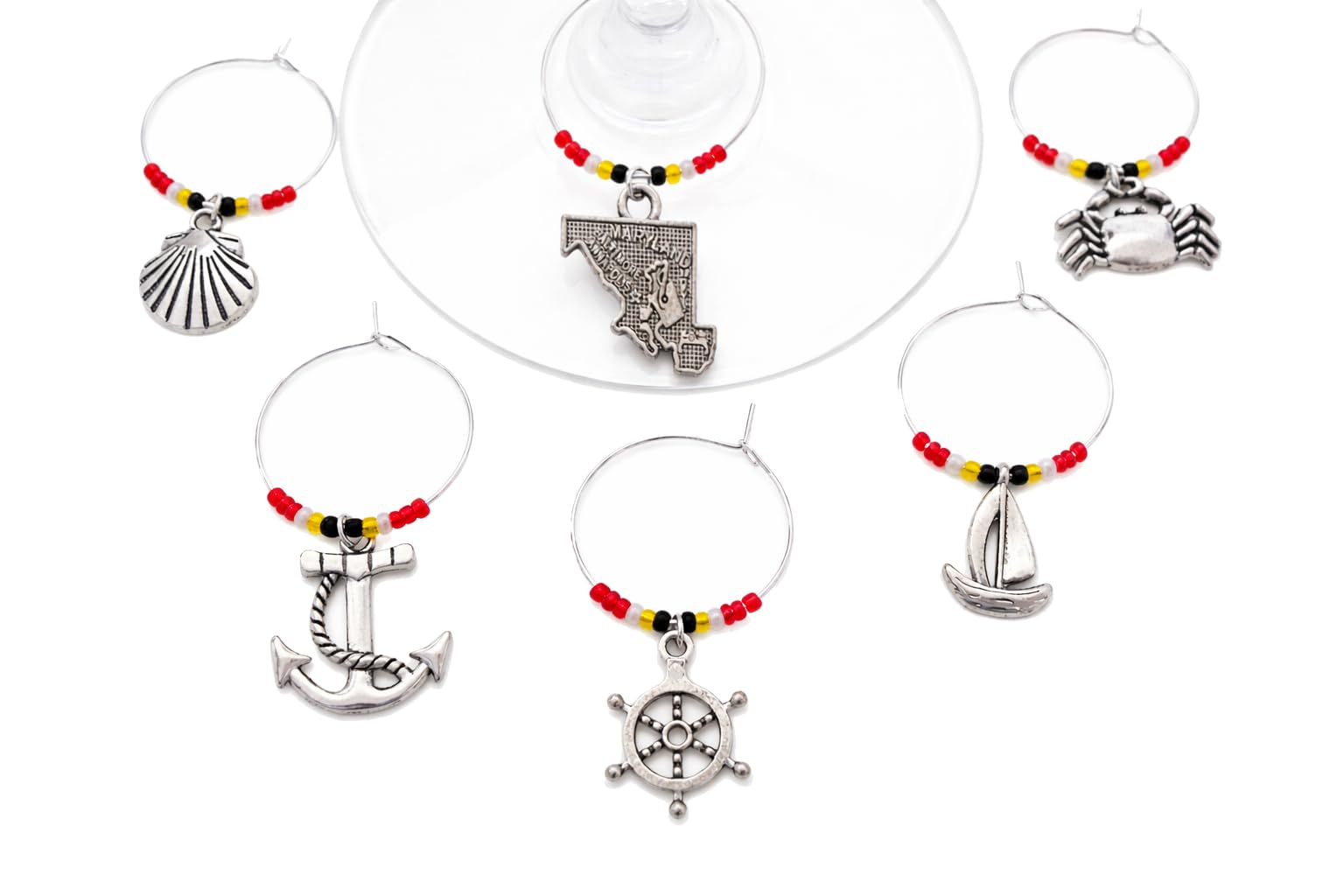 Maryland nautical wine charms set with crab anchor ship wheel lighthouse sailboat motifs