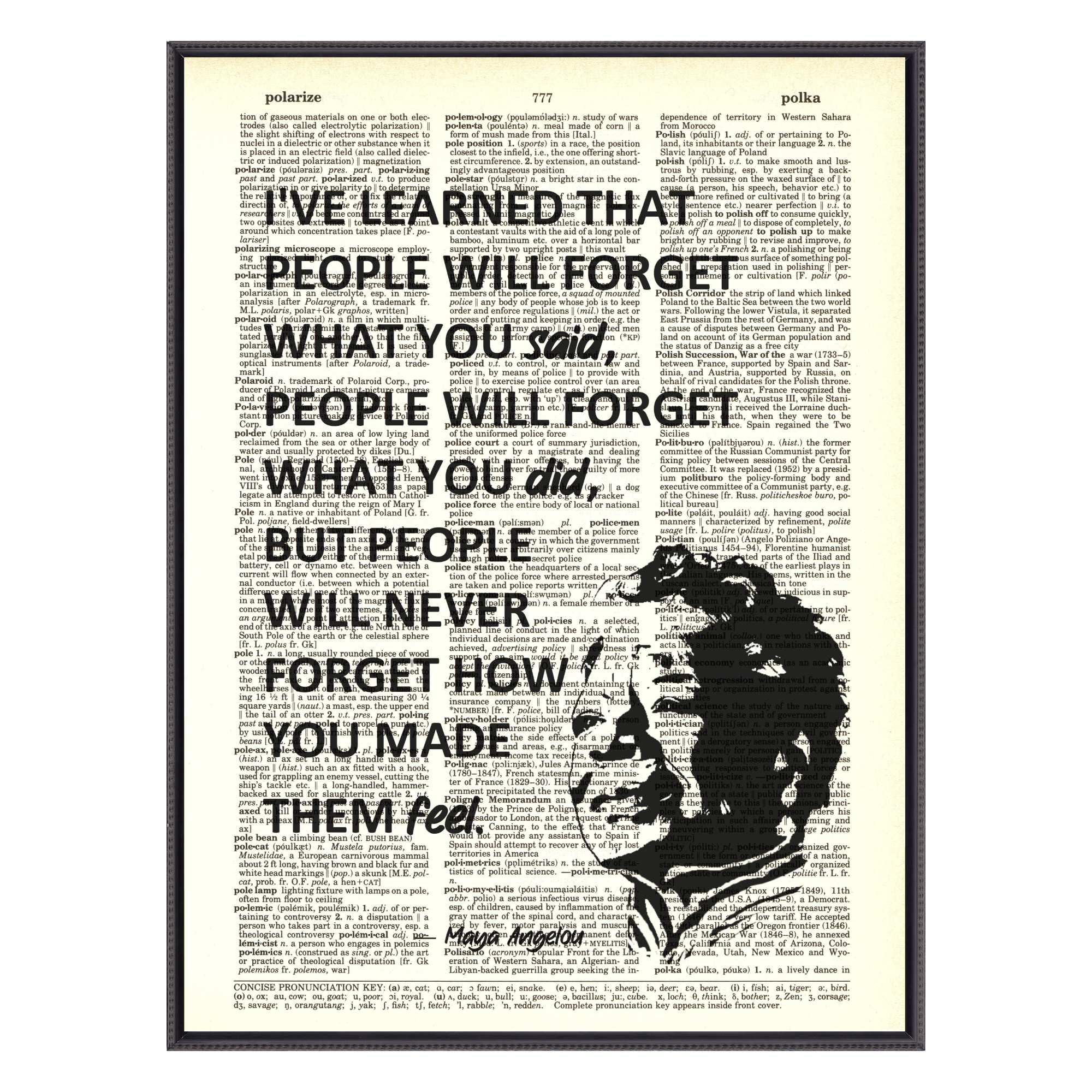 Maya Angelou quotes wall art on vintage dictionary page