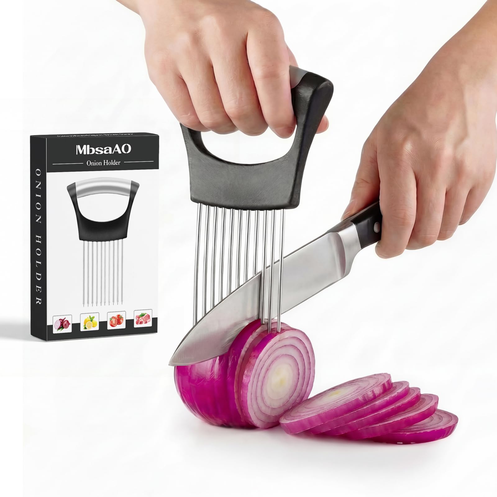 MbsaAO Onion Holder for Slicing with protective cover on stainless steel