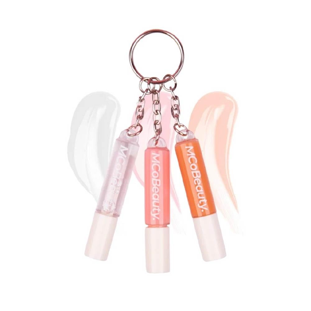 MCoBeauty lip gloss trio on keyring showing three mini glosses