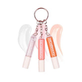 MCoBeauty lip gloss trio on keyring showing three mini glosses