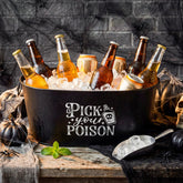 Meanplan 4 gallon black galvanized Halloween ice bucket with Pick Your Poison skull art