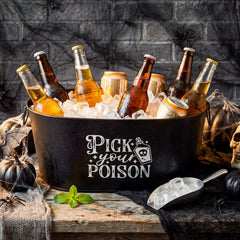 Meanplan 4 gallon black galvanized Halloween ice bucket with Pick Your Poison skull art