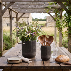 Brown ceramic farmhouse utensil holder vertical grain design