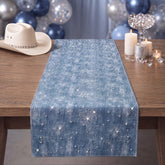 Meanplan Denims Table Runner 71 x 12 blue denim print fabric on table