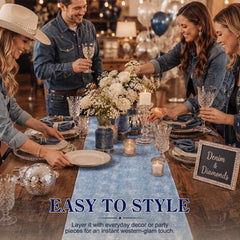 Blue denim table runner with durable fabric and drape
