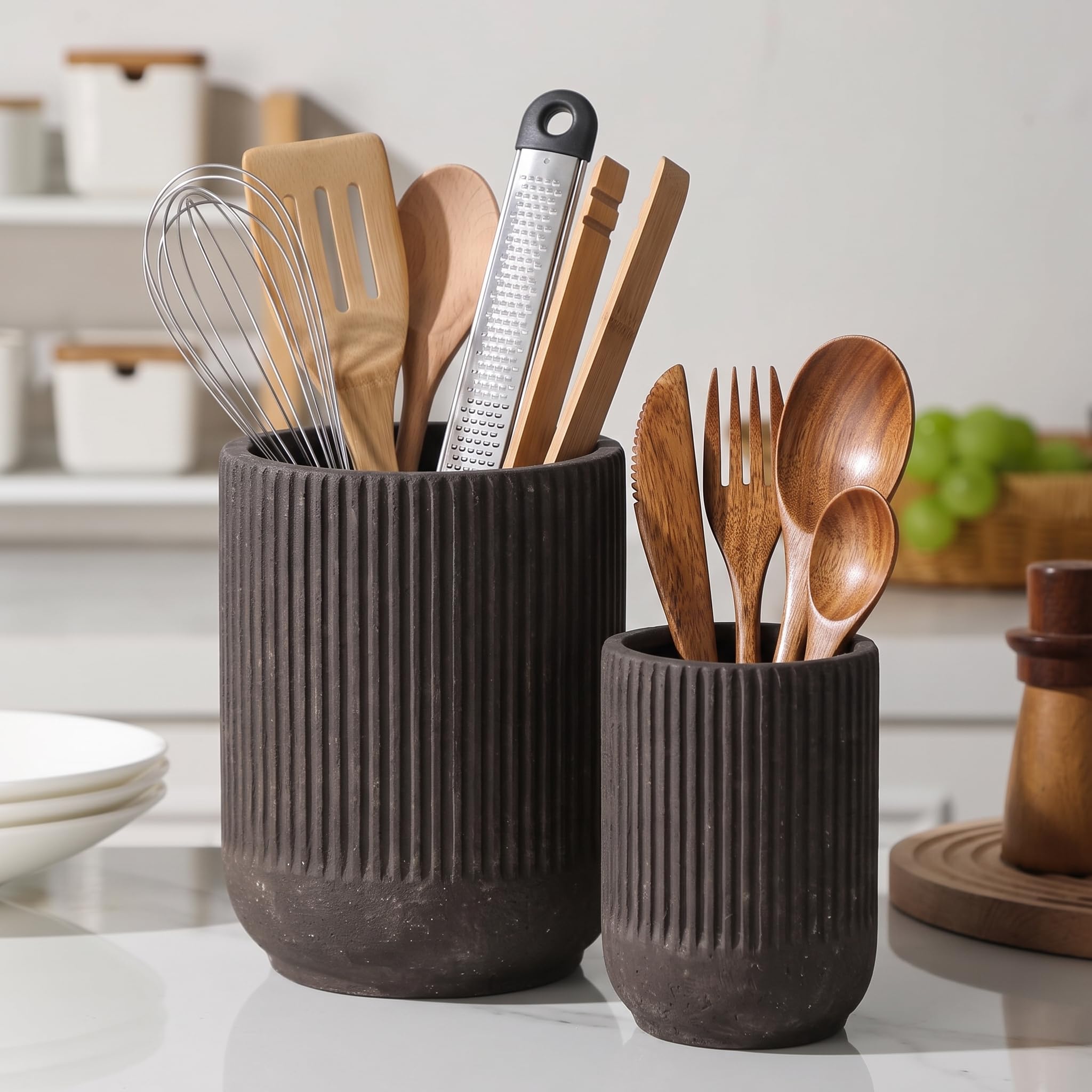Meanplan large farmhouse ceramic utensil holder 7.3H x 6D