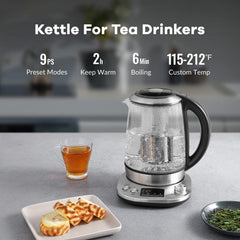 Kettle body features stainless steel and borosilicate glass construction